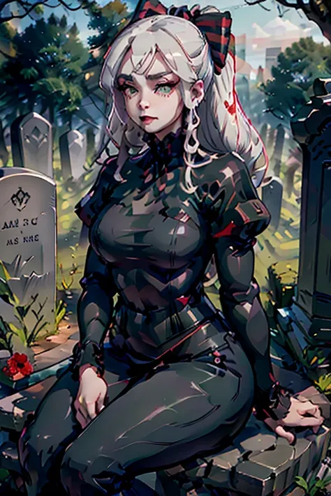 a young white haired woman with green eyes and an hourglass figure in a leather jacket and jeans is sitting on a tombstone in a ...