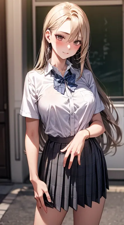 (masterpiece:1.2, top-quality), (realistic, photorealistic:1.4), beautiful illustration, 
looking at viewer, full body, front view:0.6, 
1 girl, japanese, high school girl, (long hair:1.5), blown hair, (half up, half updo), bangs, hair between eye, large b...