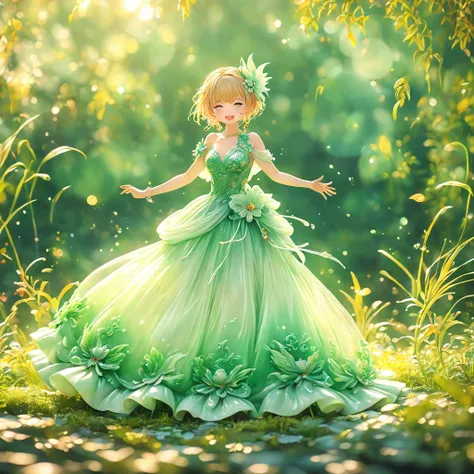 best quality, very good, 16K, ridiculous, Very detailed, charming((( Evening dress 1.3)))，Made of translucent jadeite, Background grassland（（A masterpiece full of fantasy elements）））， （（best quality））， （（Intricate details））（8K）