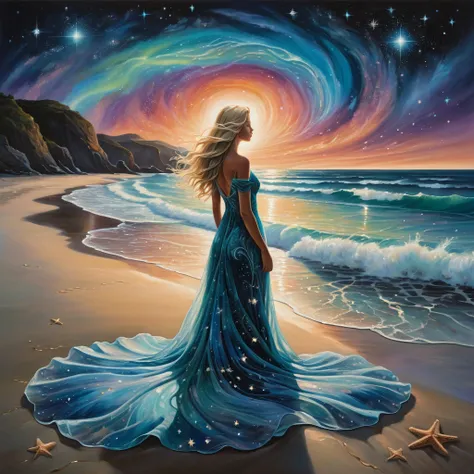 In the foreground, a blonde woman with long, flowing hair stands on a sandy beach. She wears a transparent, fluid dress that seems to be made of swirling, ethereal patterns reminiscent of the Northern Lights. Her face is turned towards the sky, as if conte...