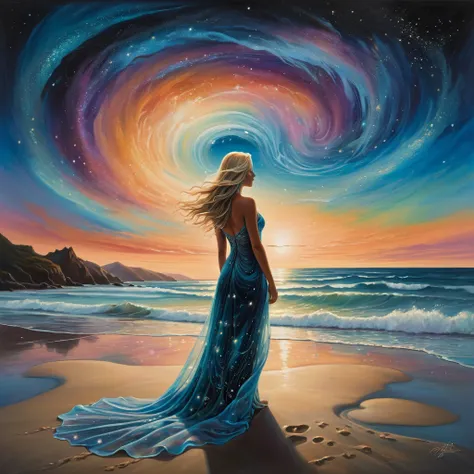 In the foreground, a blonde woman with long, flowing hair stands on a sandy beach. She wears a transparent, fluid dress that seems to be made of swirling, ethereal patterns reminiscent of the Northern Lights. Her face is turned towards the sky, as if conte...