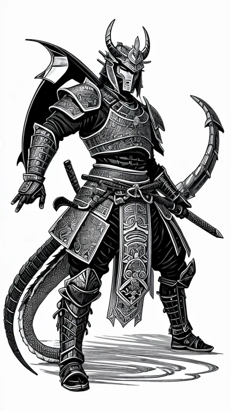 Create a samurai with armor, and with more space with a dragon around it, drawing style, all black and white if possible, do on white background mais com dragao do lado e ele de frente 