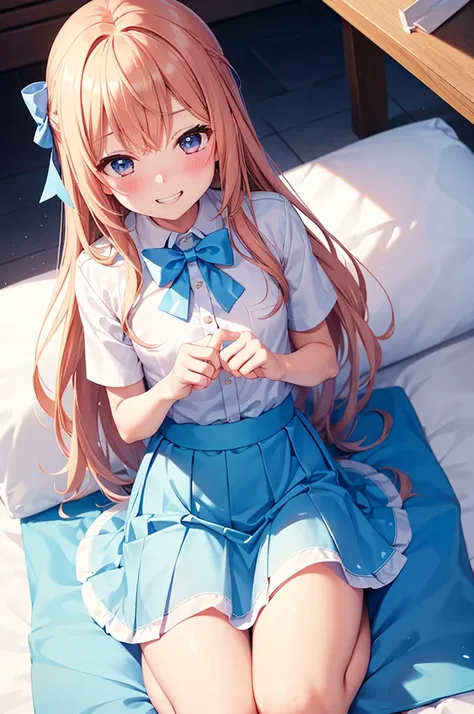 Grin, From above, (Squint your eyes:1.2), close, One Girl, blush, sit, nsfw,beautiful girl　 Wear a uniform, Light blue skirt, Long skirt, small bow, small bow, Anime movie