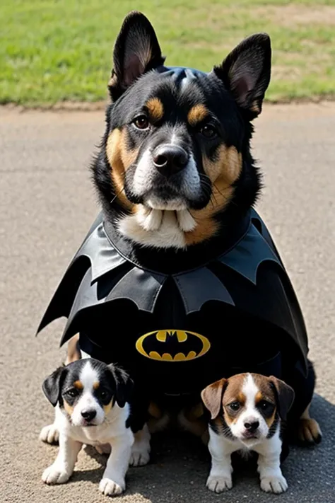 A dog dressed as Batman with his puppies 