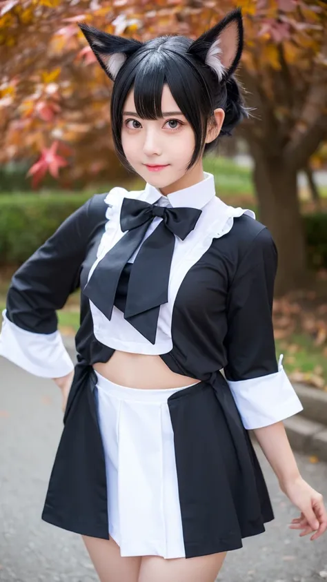 ((best quality)) (( detail face )) ((realistic))((uncensored )) ((perfect face)) A girl. Black short hair. Cat ears. cosplay. white skirt. Cat tail. cat cosplay. Cute pose 