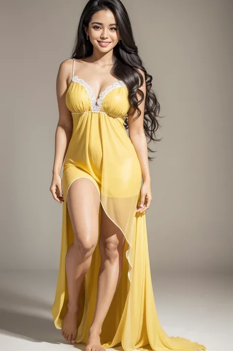 create a 28 year old Brazilian woman, standing model, Brown skin, long black hair, barefoot, white backdrop, yellow nightgown, full body, smiling,