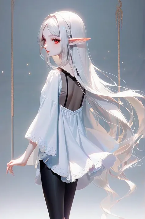 ((Лучшее качество)), ((шедевр)), (подробный), white long hair, red eyes, white T-shirt, black tight leggings, elf ears, rear view