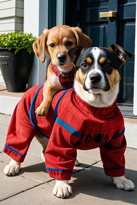 A dog dressed as Spiderman with his puppies by his side 