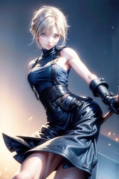 (masterpiece, best quality:1.2), expressive eyes, perfect face, highres, 1 girl, solo, (female:1.5), strife, shirt hair, shoulder armor, sleeveless turtleneck, suspenders, belt, gloves, bracer, standing, portrait, looking at viewer,