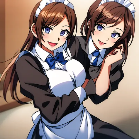 Wearing a maid uniform,and smiling excitedly 