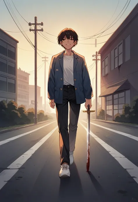 a young asian woman in a white t-shirt, blue denim jacket, black pants, holding a sword with a sharp gaze and a sinister smile, with a red stain like blood on her clothes, classic bob hairstyle, white shoes, walking on asphalt with a destroyed metropolitan...