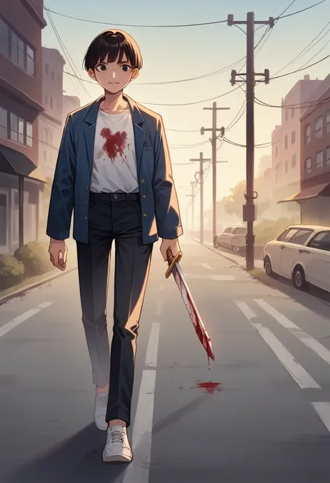 a young asian woman in a white t-shirt, blue denim jacket, black pants, holding a sword with a sharp gaze and a sinister smile, with a red stain like blood on her clothes, classic bob hairstyle, white shoes, walking on asphalt with a destroyed metropolitan...