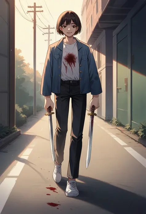 a young asian woman in a white t-shirt, blue denim jacket, black pants, holding a sword with a sharp gaze and a sinister smile, with a red stain like blood on her clothes, classic bob hairstyle, white shoes, walking on asphalt with a destroyed metropolitan...