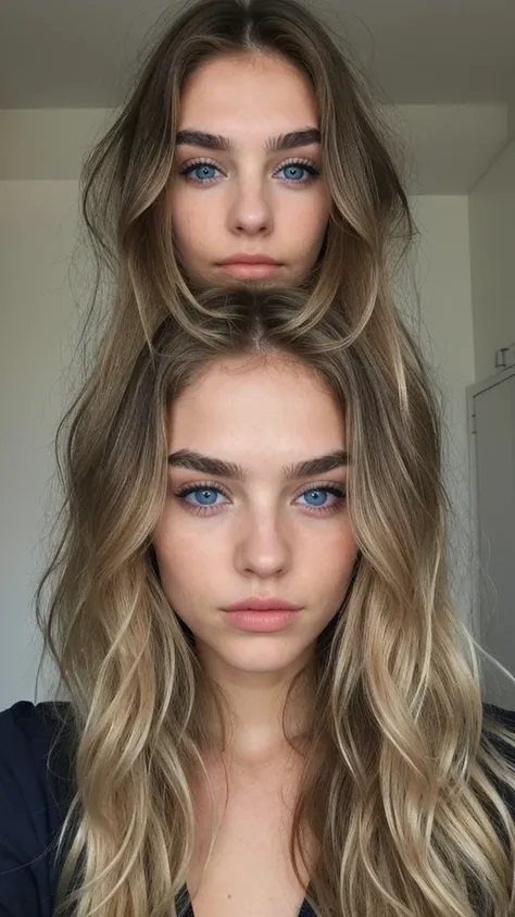 pretty blonde model, Long wavy hair, blue eye, dark eyebrows, majoritée du corps