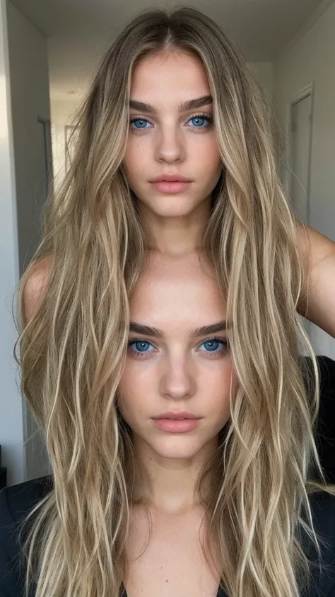 pretty blonde model, Long wavy hair, blue eye, dark eyebrows, majoritée du corps