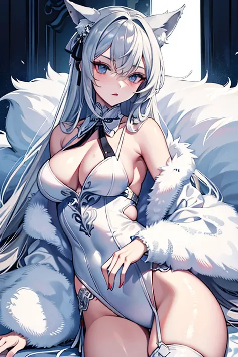 best qualtiy，tmasterpiece，The is very detailed，4K，Gray hair and shallow eyes，Drag cool expressions，Wolf ears，Erect scar on the left eye，British style，1girl，Absolutely beautiful, large full breasts, white costume, ear ribbon