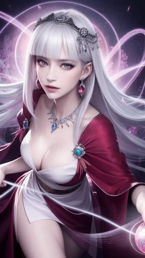 (masterpiece, top quality, 1 female, solo, exquisite details, chromatic aberration), (realistic), (skin), ((breathing)), (silver hair, blunt bangs, short cut straight long hair, short cut bangs, silver hair), beautiful hair, red headdress, blue highlights,...