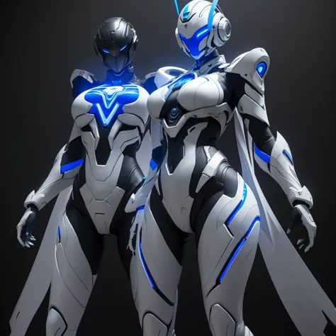 Dronificated unknown woman in a fully enclosed white latex fullbody suit with blue lights across the suit and star shaped glowing core in the chest, fully enclosed cyber helmet that cover her whole face and hides her identity with only two glowing blue lin...