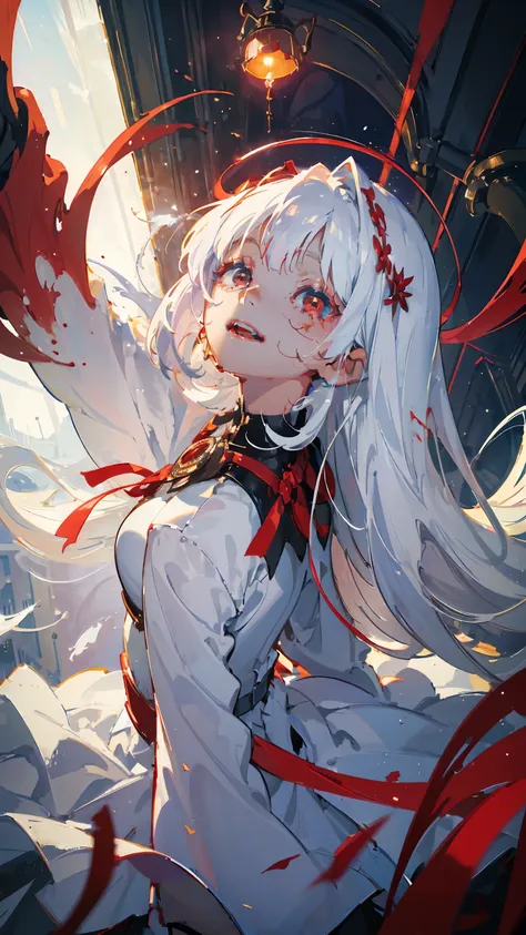 (woman\(a blood-red, dark angel halo is on his head., angel girl,pure white hair,red eyes, pure white skin, white costume,the gi...