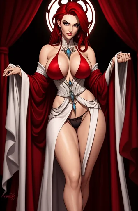 sorceress. sexy white robe, black panties, red hair, blank background