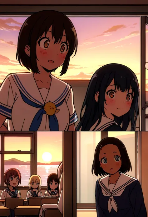 Highest quality、high resolution、Detailed Description、Detailed Background、Accurate depiction、animeスタイル、anime、Four Girlore than one person、元気なFour Girls、Dark Skin、Sailor suit、School、classroom、Chat、chatting、Black Short Hair、Big eyes、cute、Sunset、The window ove...