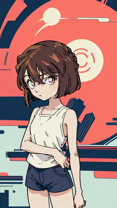 anime style, (1girl in, Solo:1.0), (Haibara Ai), ((Short pants)), (((Big eyes))), (Cute anime girl head), (flat chest),looking at viewer,With a height of 100cm, shoot from front, (head shot), Simple line minimalism, Abstract Art, City background, anime ope...