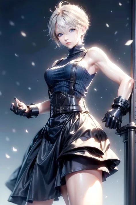 (masterpiece, best quality:1.2), expressive eyes, perfect face, highres, 1 girl, solo, (female:1.5), strife, short hair, shoulder armor, sleeveless turtleneck, suspenders, belt, gloves, bracer, standing, portrait, looking at viewer,