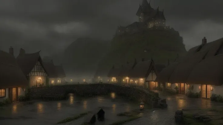 A small, quaint village on a rainy, overcast day. The sky is dark and gloomy, with a sense of melancholy in the air. In the center of the village, an elf-eared woman seeks shelter from the rain, sitting atop a thatched-roof building. The scene has a serene...