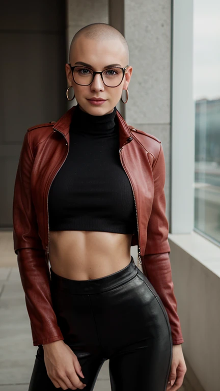 Beautiful sexy woman. Caucasian. Shaved head. Feminine features. Large nose. Small smile. Round glasses. Loop earrings. Red leather jacket. Athletic build. Black crop top. Turtleneck. Black leather pants. Abs. Posing.