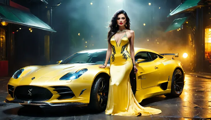 a picture of a female model wearing an evening dress standing near a red sports car, glamorous model woman, black hair, long hair, wavy hair, beautiful green eyes, she wears a ((yellow evening dress: 1.5)), elegant, intricate detailed dress, silk dress, sm...