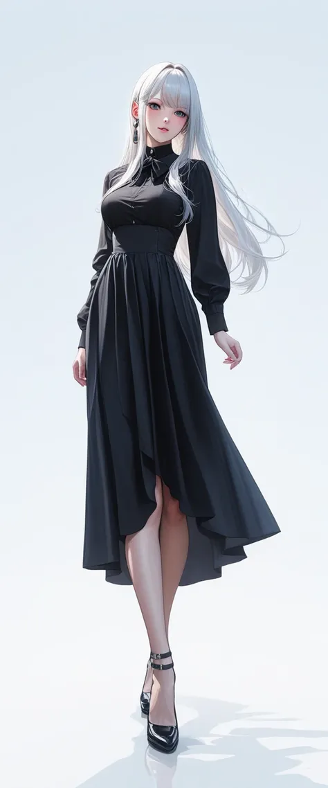 Character (hair bangs) (white long hair) (white pale skin) (witch-style clothing) (black clothing) (character in dynamic pose) (perspective angle taken) (full body)