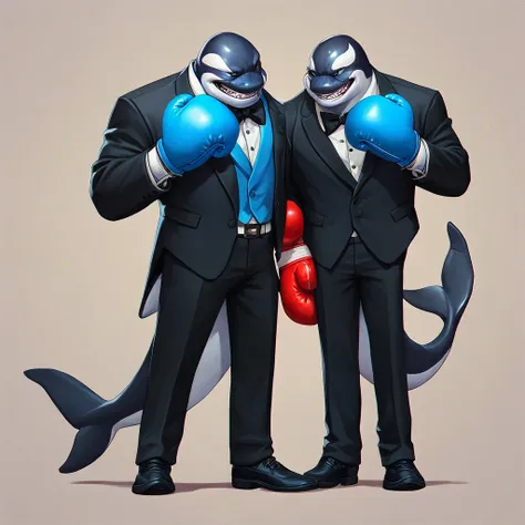 multiversus, full body, humanoid orca, blue colour, tuxedo, boxing gloves 