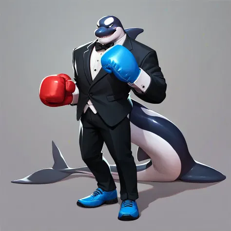 multiversus, full body, humanoid orca, blue colour, tuxedo, boxing gloves