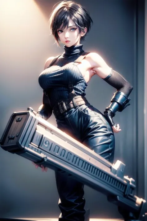 (masterpiece, best quality:1.2), expressive eyes, perfect face, highres, 1 girl, solo, (female:1.5), strife, short hair, shoulder armor, sleeveless turtleneck, suspenders, belt, gloves, bracer, standing, portrait, looking at viewer,