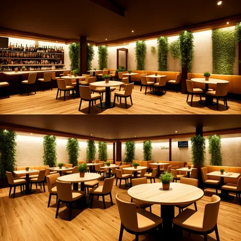 3D graphics, like in a game Interior of the restaurant with three columns in the center, a pair of large tables with soft chairs in light colors and wooden floor and a bar with plants 