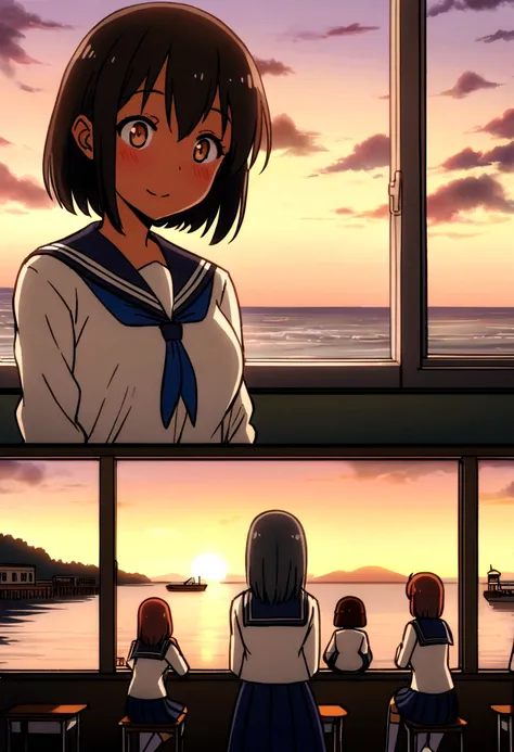 Highest quality、high resolution、Detailed Description、Detailed Background、Accurate depiction、Kantai Collection、animeスタイル、anime、Four Girlore than one person、元気なFour Girls、Dark Skin、Sailor suit、School、classroom、Chat、chatting、Black Short Hair、Big eyes、cute、Sun...