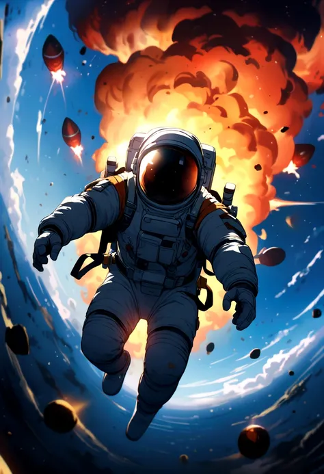 astronaut falling from a burning rocket in space