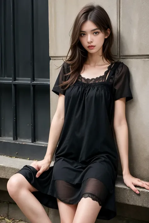 (best quality,realistic,ultra-detailed),a sexy and slim 18-year-old French brunette woman in black short sleeve nightdress, visible leg,sur un banc,