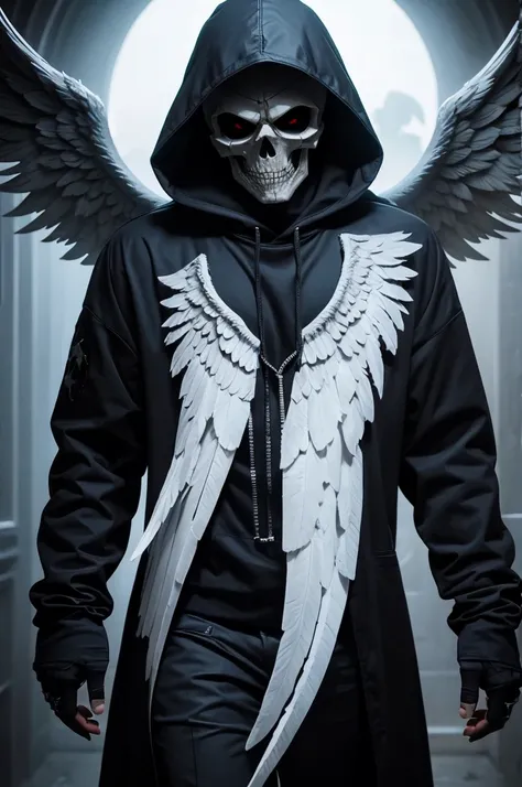 Skull face with angel wings man body death hood