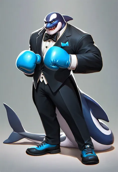 multiversus, full body, humanoid orca, blue colour, tuxedo, boxing gloves