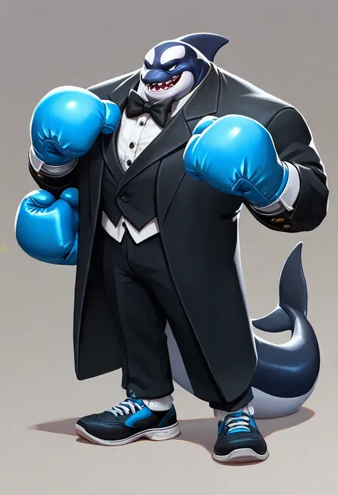 multiversus, full body, humanoid orca, blue colour, tuxedo, boxing gloves 