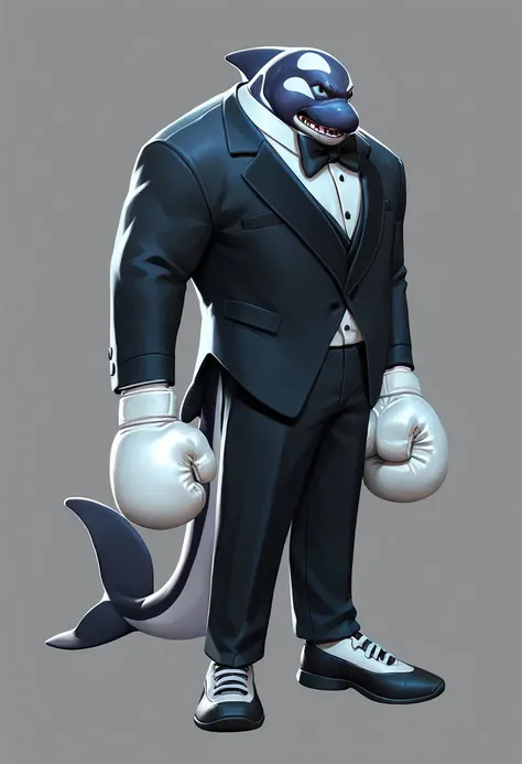 multiversus, full body, humanoid orca, blue colour, tuxedo, boxing gloves 