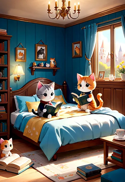 There are two cats sitting on the bed and reading a book., Cute digital art, cozy wallpaper, Adorable digital painting, Cute picture book illustrations, Cute and detailed digital art, cute cat, Cozy environment, Cute artwork, Cute and adorable, Beautiful l...