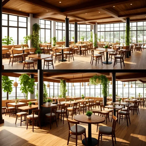 3D graphics, like in a game Interior of the restaurant with three columns in the center, a pair of large tables with soft chairs in light colors and wooden floor and a bar with plants 