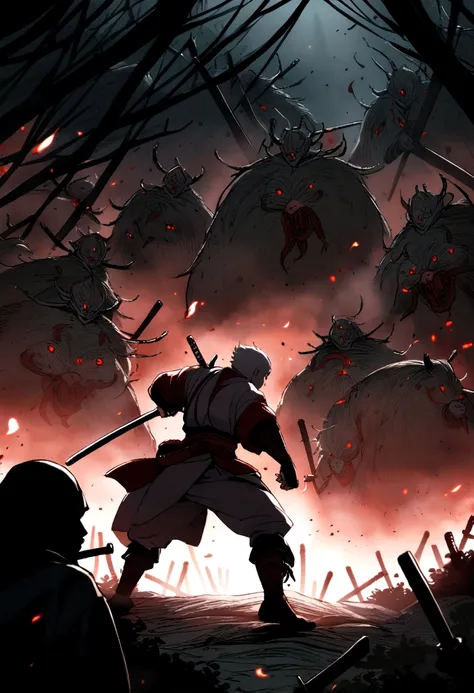 Ronin with White hair and red eyes with fully bloods in his body, fight with many samurai in the middle of forest