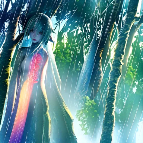 A blue haired female elf with tattoos and piercings standing in the rain, Fantasy, fantasy character portrait in the style of concept art., fantasy concept art created in the style of unreal engine., standing in the rain and mist of an ancient forest. She ...