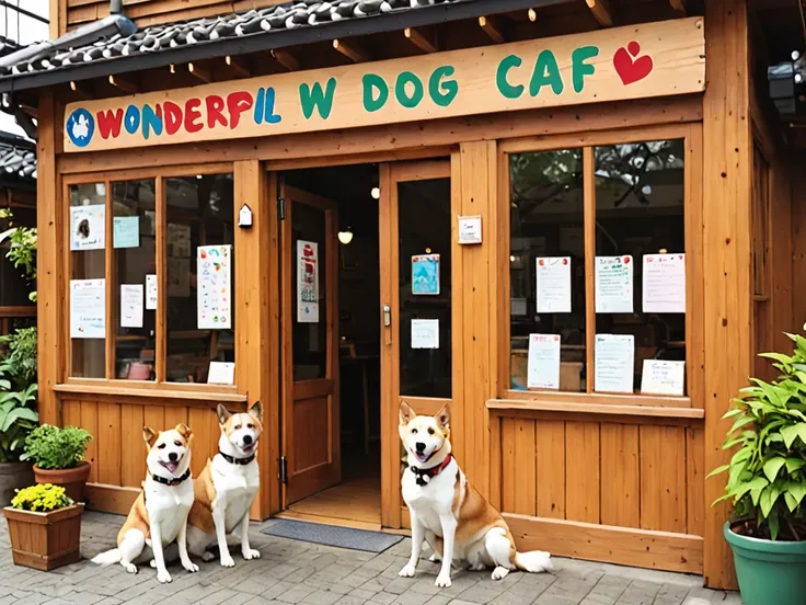 Therapy Dog Cafe「Wonderful Wonder」Appearance。In a warm wooden building、Colorful signs are posted。At the entrance、Dogs welcome visitors