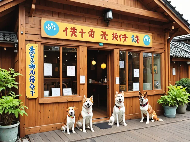 Therapy Dog Cafe「Wonderful Wonder」Appearance。In a warm wooden building、Colorful signs are posted。At the entrance、Dogs welcome visitors