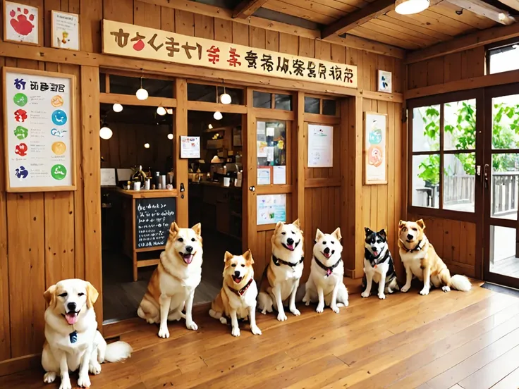 Therapy Dog Cafe「Wonderful Wonder」Appearance。In a warm wooden building、Colorful signs are posted。At the entrance、Dogs welcome visitors