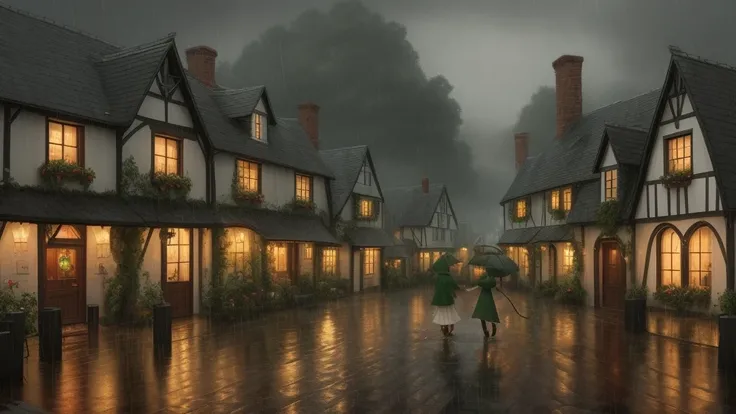 Describe a rainy day in a small, quaint village. Focus on the atmosphere, the villagers lives, and the presence of an elf-eared woman seeking shelter from the rain.